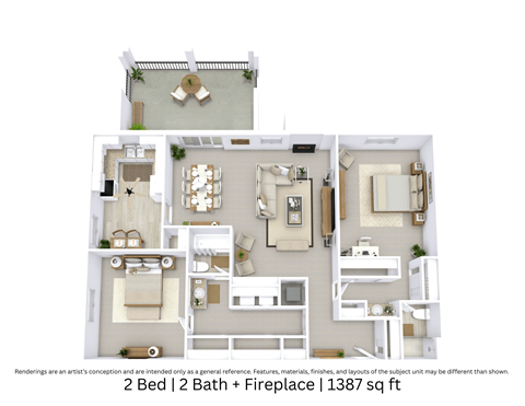 Floor plan for 2 beds, 2 baths, 1387 sqft